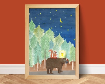 Bear and squirrel Poster A4 - nursery fine art print, kids room wall decor, animal illustration, playroom or homeschool illustrated poster