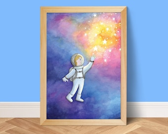 Astronaut poster A4, space themed art print, starry night sky nursery wall decor, galaxy kids room illustration, children's book fine art