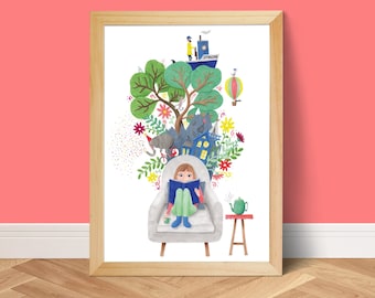 Reading corner art work print, kids library decor, book lover gift, let's read childrens wall art, nursery illustration A4 class room poster
