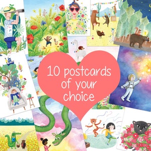 Set of 10 postcards for kids of your choice, animal illustration, pack of 10 childrens greeting cards, bundle birthday cards, ansichtkaarten
