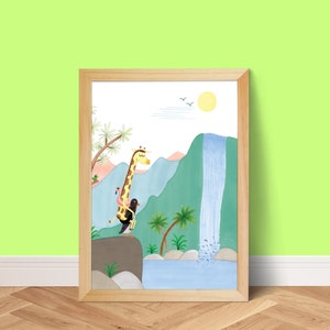 Giraffe and penguin poster, baby nursery art animals, colourful art work for kids room, waterfall decor, cute wall art print, pool party