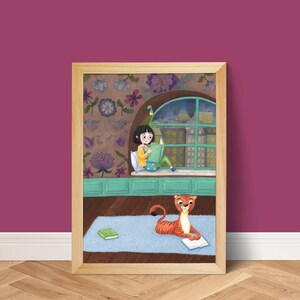 Girl & tiger reading together Poster A4, library read corner print, nursery homeschool wall art, book lovers decor, childrens book fine art