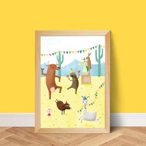 Animal party poster, cute baby room art work, nursery decor, childrens room poster, kids room wall art, colourful art print, illustration
