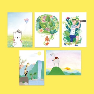 Nature themed set of 5 postcards, illustrated greeting cards for kids, cute animal illustrations pack, small nursery art prints