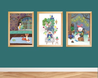 Set of 3 prints reading corner art work, kids library decor, book lover gift, let's read children's wall art, baby room nursery illustration