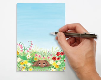Sausage dog A6 notepad, teckel memopad, dachshund to do list paper, dog flowers stationery, wiener pug shopping list, puppy in flowerfield
