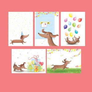 Dachshund birthday card set- 5 cute birthday greeting cards with teckels, box of cards for kids, pack of sausage dog party invites