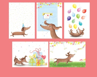 Dachshund birthday card set- 5 cute birthday greeting cards with teckels, box of cards for kids, pack of sausage dog party invites