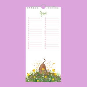 May include: A wall calendar for April, with a spiral binding. It features a cartoon mole in a grassy mound with daffodils and wildflowers. The word "April" is written in green script.