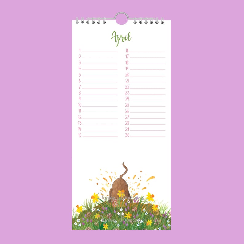 May include: A wall calendar for April, with a spiral binding. It features a cartoon mole in a grassy mound with daffodils and wildflowers. The word "April" is written in green script.