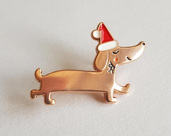 Christmas teckel pin, soft enamel dachshund festive pin, copper sausage dog badge, pug x-mas lapel pin, doxie lover gift, puppy xmas brooch