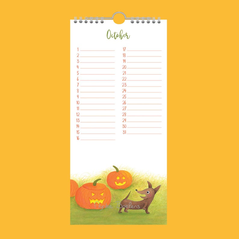 May include: A spiral-bound October calendar with a Halloween theme. It features a dachshund dog, carved pumpkins, and the word "October" in green script. The dates are listed vertically. The artist's name, "Doelens", is visible.