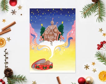 Christmas card gingerbread man dreaming of ginger bread house, x-mas cards pack with seal stickers, seasonal greetings, festive winter set
