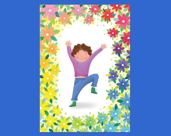 Rainbow Flowers Birthday Postcard, Cheerful Kids Illustration (A6 Art)