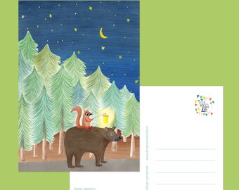 Postcard bear & squirrel - A6 cute animal illustration, starry night greeting card