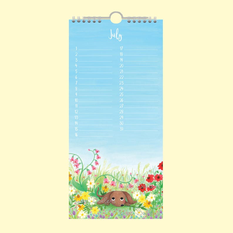 May include: A wall calendar for July, featuring a watercolour sky and a meadow scene with a dachshund. The word "July" is written at the top. Dates are listed on the left and right sides. The calendar is held by a silver metal ring.