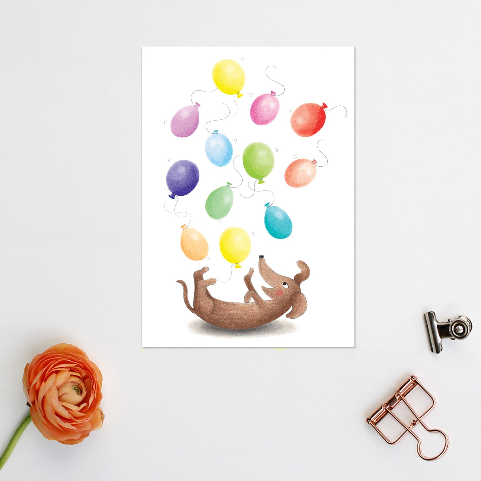 Dachshund Happy Birthday Card - Cute Sausage Dog With Balloons Postcard ...