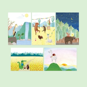 Set of 5 postcards - cute animal illustration greeting cards for kids and the young at heart