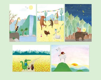 Set of 5 postcards - cute animal illustration greeting cards for kids and the young at heart