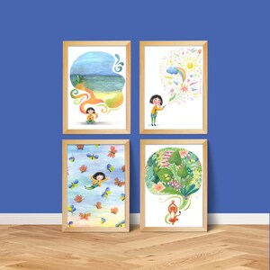 Set of 4 kids illustration prints, nursery imagination wall art, poster pack for baby room wall decor, yoga print, meditation girl art work