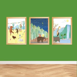 Set of 3 prints, animal nursery wall art work, kids illustration posters, colourful baby boy room posters for framing, children's room decor