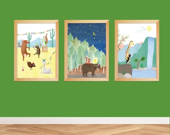 Set of 3 prints, animal nursery wall art work, kids illustration posters, colourful baby boy room posters for framing, children's room decor