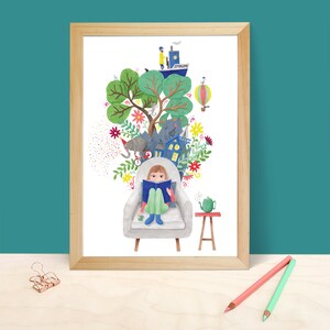 May include: A watercolor illustration of a girl sitting in a chair reading a book. Above her head is a tree with a hot air balloon, a boat, and other whimsical details. The illustration is framed in a light wood frame.