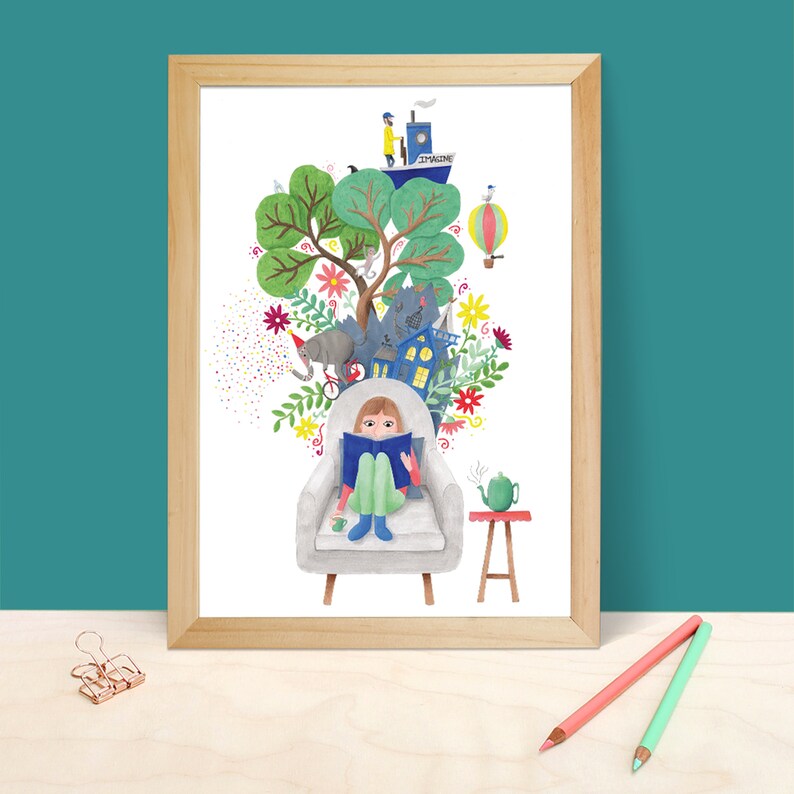May include: A watercolor illustration of a girl sitting in a chair reading a book. Above her head is a tree with a hot air balloon, a boat, and other whimsical details. The illustration is framed in a light wood frame.
