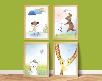 Set of 4 kids & animal illustration prints, nursery wall art work, poster for framing animal themed baby room wall decor, illustrated prints