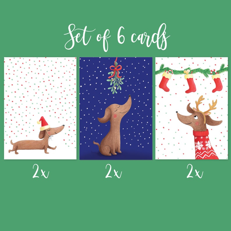 Christmas card set dachshund 6x A6 teckel seasonal greeting cards, winter postcard bundle sausage dog moms, x-mas card pack doxie lovers image 1