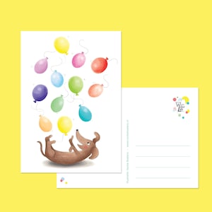 Dachshund happy birthday card - cute sausage dog with balloons postcard, cheerful teckel greeting card, party invite, happy snail mail