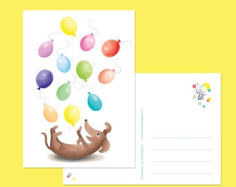 Dachshund happy birthday card - cute sausage dog with balloons postcard, cheerful teckel greeting card, party invite, happy snail mail