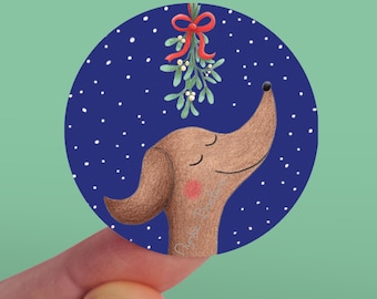 Dachshund Christmas Sticker, Mistletoe Gift Seal (10 pc), teckel labels