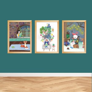 May include: Three framed illustrations with a whimsical theme. The first shows a girl reading a book with a tiger beside her. The second shows a girl reading in a chair with a tree growing out of the chair. The third shows a polar bear reading a book with other animals around it.