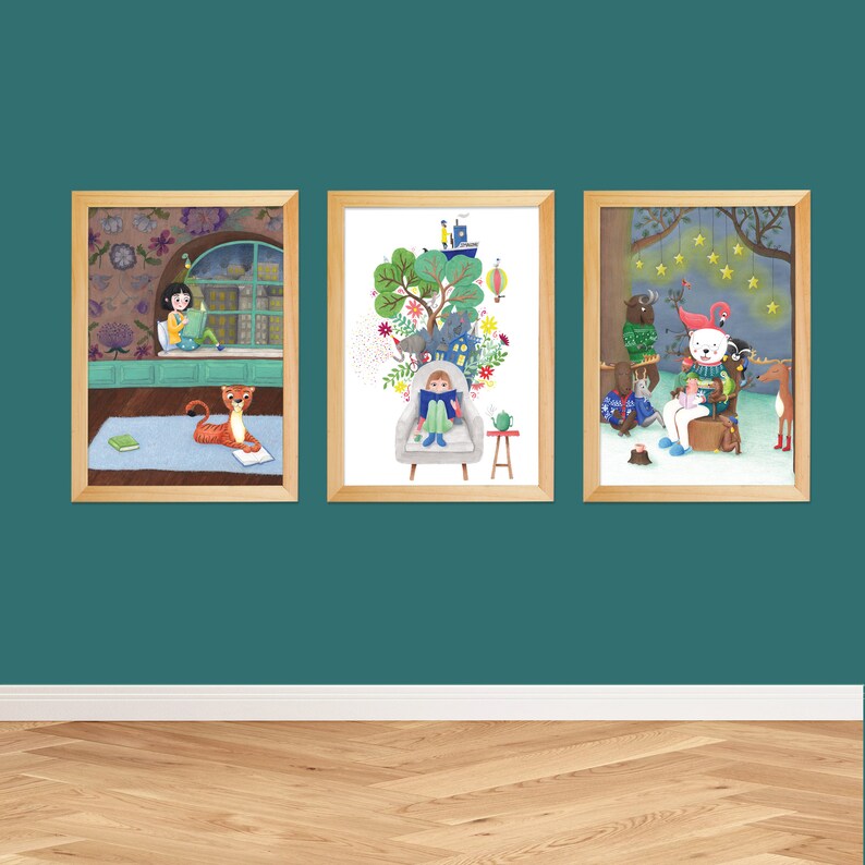 May include: Three framed illustrations with a whimsical theme. The first shows a girl reading a book with a tiger beside her. The second shows a girl reading in a chair with a tree growing out of the chair. The third shows a polar bear reading a book with other animals around it.