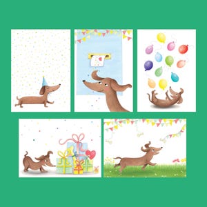 Dachshund birthday card set- 5 cute birthday greeting cards with teckels, box of cards for kids, pack of sausage dog party invites