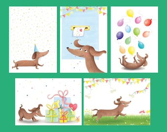 Dachshund Birthday Cards Set – Cute Sausage Dog Party Invites, teckel card pack