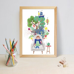 May include: A watercolor illustration of a girl sitting in a white armchair reading a book. The armchair is surrounded by a colorful tree with a house, a hot air balloon, a ship, and other whimsical details.