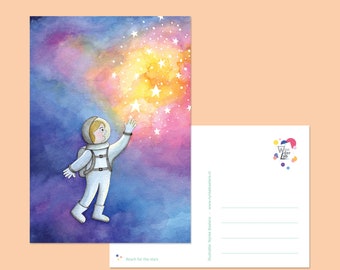 Reach for the stars postcard - cute astronaut greeting card, watercolour illustration, galaxy art print, universe card