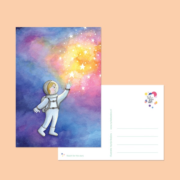 Reach for the stars postcard - cute astronaut greeting card, watercolour illustration, galaxy art print, universe card