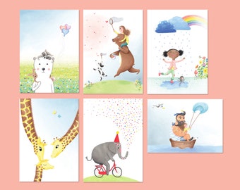 Set of 6 animal postcards, cute illustrated cards, animal illustrations, snail mail, greeting card box, kids nursery cards, small art print