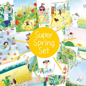 Super Spring set: 15 cute postcards, illustrated greeting cards set, illustration cards for kids, spring vibes cards box, card pack, bundle