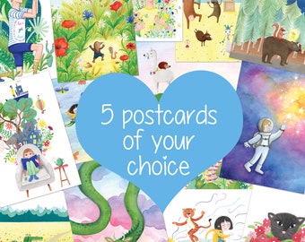 Set of 5 postcards of your choice - cute illustrated cards for kids, animal illustration greetingcard pack