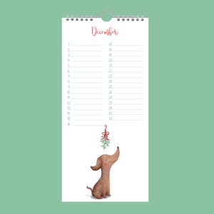 May include: A December calendar with a spiral binding and a light green background. It features a brown dachshund dog looking up at mistletoe. The word "December" is written in red script at the top.