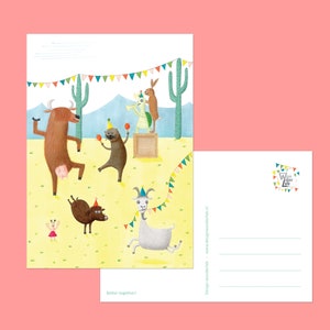 Postcard Party - animal illustration greeting card, cute kids party invite.