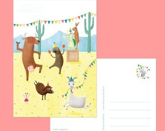 Postcard Party - animal illustration greeting card, cute kids party invite.