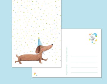 Dachshund Birthday Card – Cute Sausage Dog Party Invite, teckel postcard