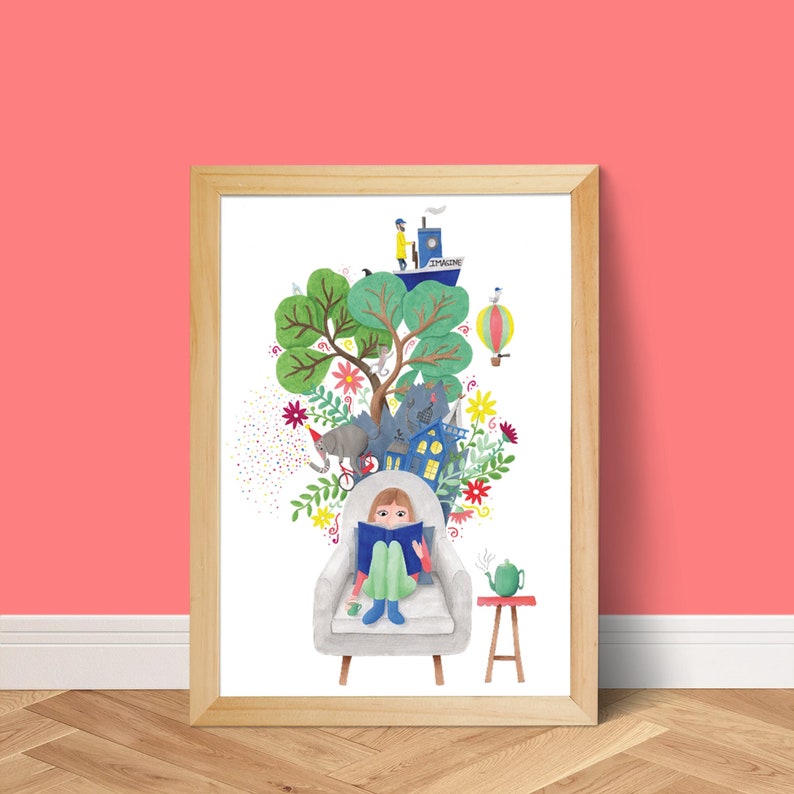 May include: A watercolor illustration of a girl sitting in a chair reading a book. The chair is surrounded by a whimsical scene with a tree, a house, a hot air balloon, an elephant, and a boat. The illustration is framed in a light wood frame.