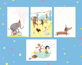 Kids Birthday Cards, Cute Animal Party Invitations, Set of 4