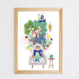 May include: A watercolor illustration of a girl sitting in a chair reading a book. Above her head is a tree with a hot air balloon, a ship, and other whimsical elements. The text "Imagine" is on the ship.